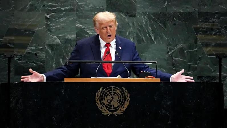 U.S. President Donald Trump delivers remarks to the United Nations General Assembly.