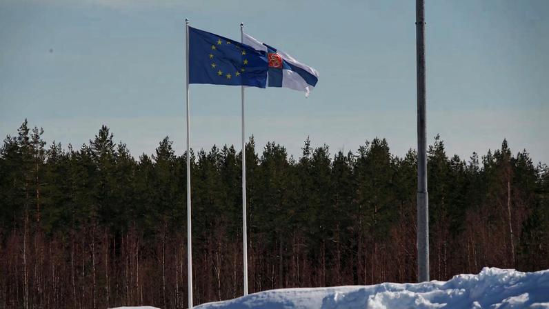 The Finnish and European Union flags flutter at the boarder crossing between Finland and Russia, in Vaalimaa, Finland, April 4, 2023. REUTERS/Tom Little