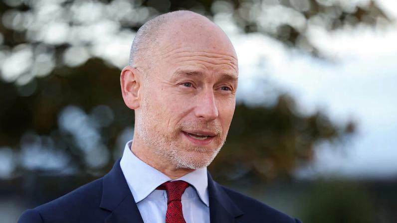 Stephen Kinnock speaks near Tata Steel Port Talbot steel production plant at Port Talbot, in Wales