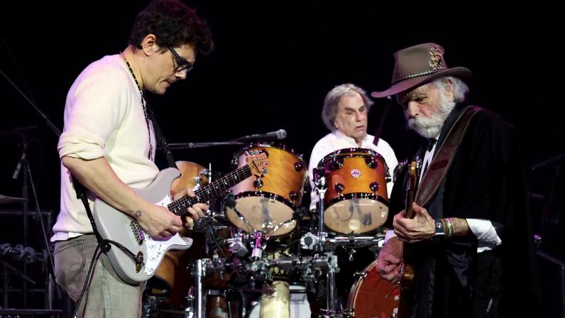 LOS ANGELES, CALIFORNIA - JANUARY 31: (L-R) John Mayer of Dead & Company, and Honorees Mickey Hart and Bob Weir of Dead & Company and of the Grateful Dead perform onstage during the 2025 MusiCares Persons of the Year Honoring The Grateful Dead on January 31, 2025 in Los Angeles, California. (Photo by Kevin Mazur/Getty Images for The Recording Academy)