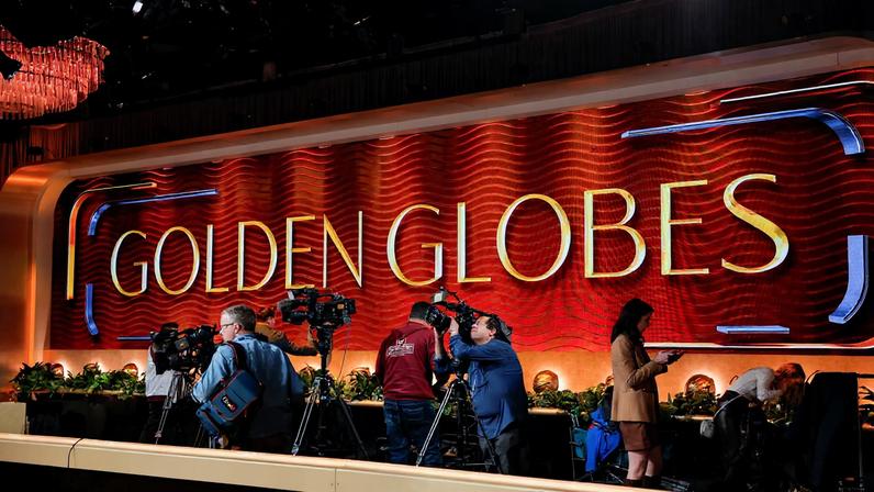 Videographers work at the venue that will host the 83rd Annual Golden Globes awards, in Beverly Hills, California, U.S., January 8, 2026. REUTERS/Mike Blake
