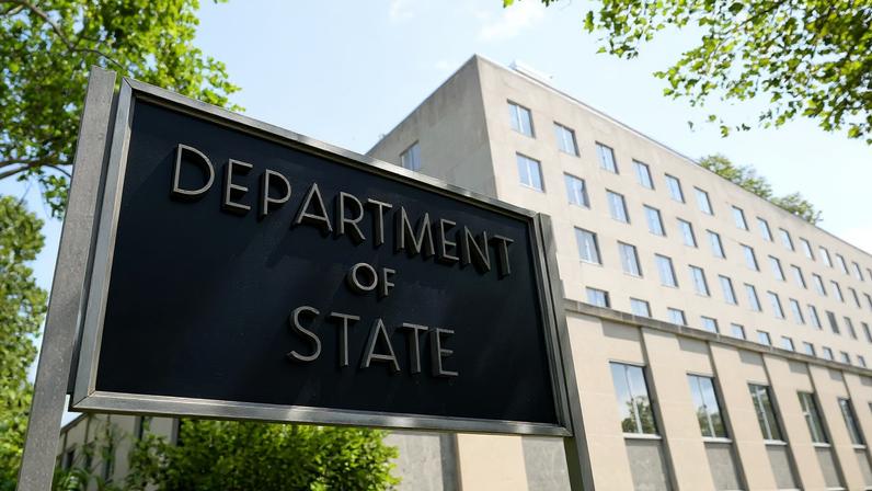 A general view of a U.S. State Department sign outside the U.S. State Department building in Washington, D.C.