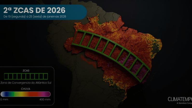Segunda ZCAS de 2026 se forma entre 19 e 23 de janeiro (Fonte: Climatempo)