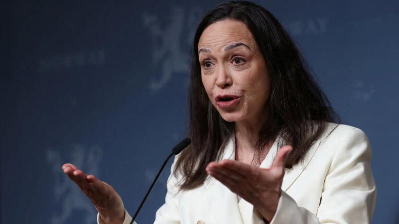 Nobel Peace Prize laureate and Venezuelan opposition leader Maria Corina Machado speaks during a press conference in Oslo