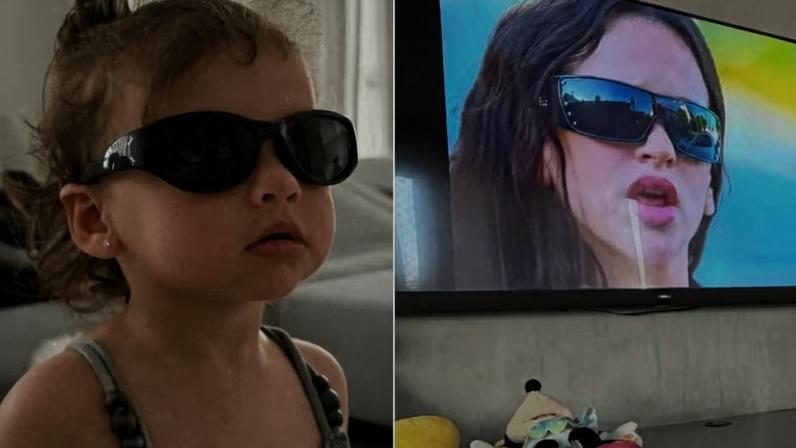Helena, filha de Neymar e Amanda Kimberlly, assistindo o clipe de Rosalía — Foto: Reprodução Instagram