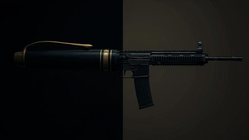 An illustration shows a fountain pen cap with a gun coming out of the end of it instead of a pen.