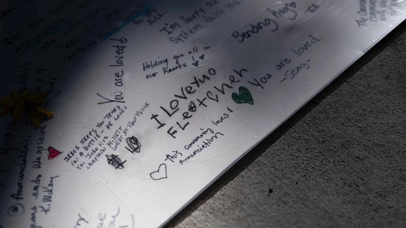 A note reading " I Love You Fletcher" is left outside Annunciation Church and School on August 30, 2025 in Minneapolis, Minnesota. Fletcher Merkel was killed in the shooting.