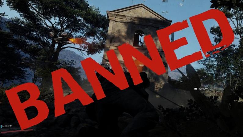 The word 'BANNED' across an Arc Raiders screenshot.