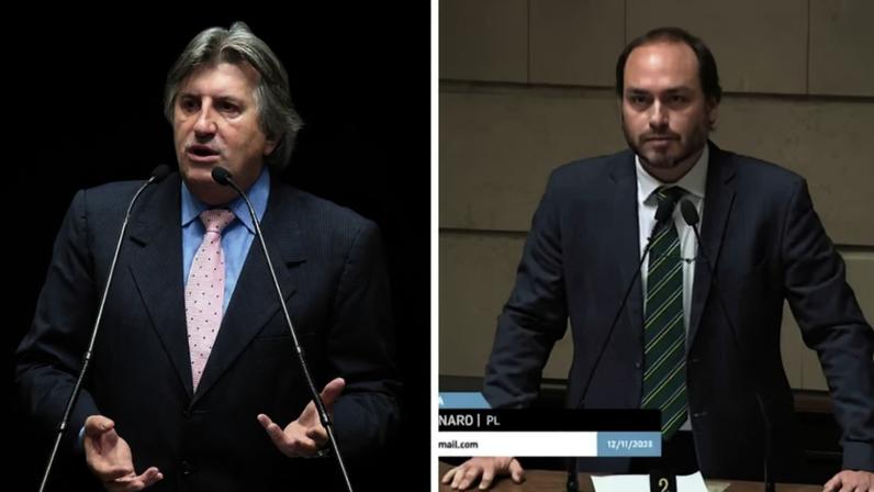 O prefeito de Camboriú (SC), Leonel Pavan, e o ex-vereador do RJ Carlos Bolsonaro - Divulgação/Alesc/TV Câmara do Rio de Janeiro/Reprodução