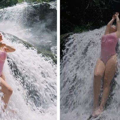 Carol Macedo celebra alta após cirurgia ao beijar o marido na cachoeira