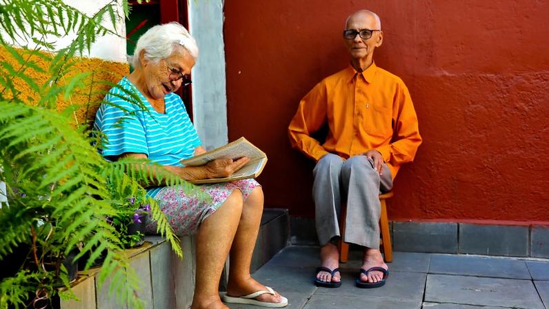 casal de idosos sentados em um quintal