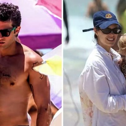 Chay Suede aproveita dia na praia com esposa e filha caçula