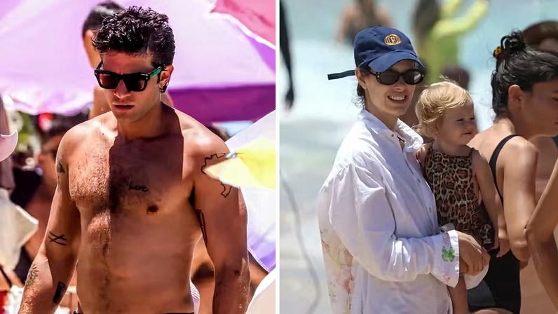 Chay Suede curte praia com a mulher e a filha caçula — Foto: Dan Delmiro/AgNews