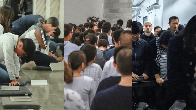 People praying at Early Rain Covenant Church in 2018.