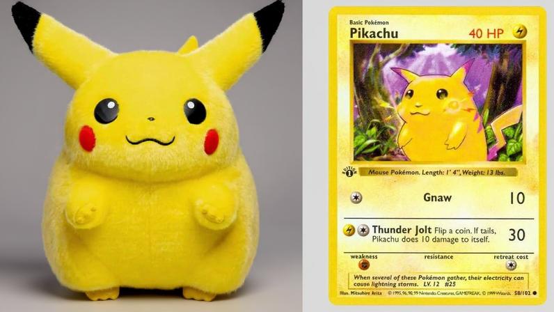 A plush Pikachu and the original Pikachu card.