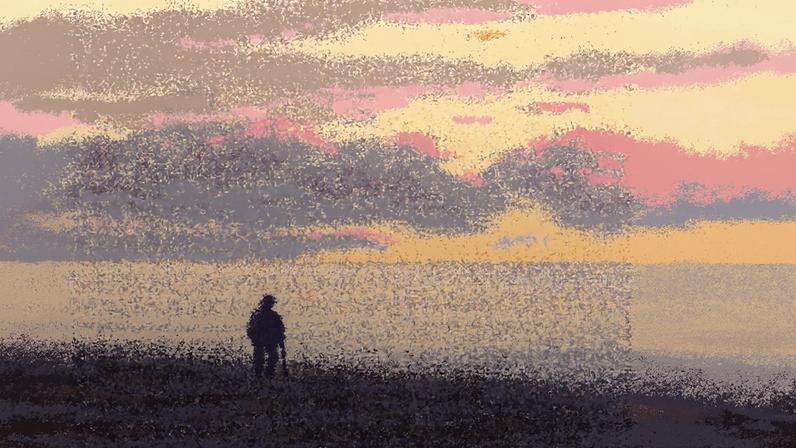 A dotted illustration of a person standing alone in a field, looking toward the horizon.