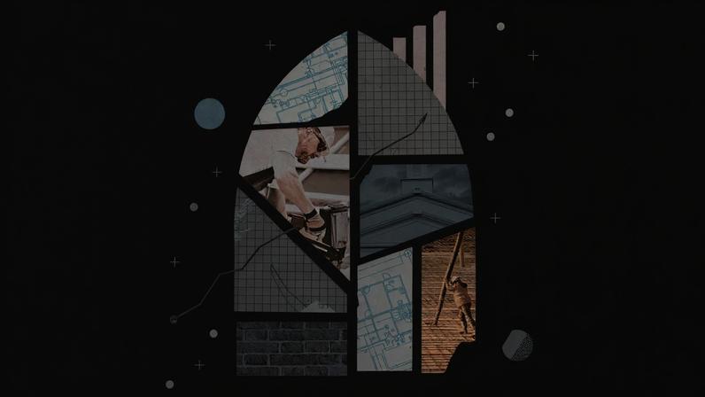 A digital collage featuring buildings and construction workers.