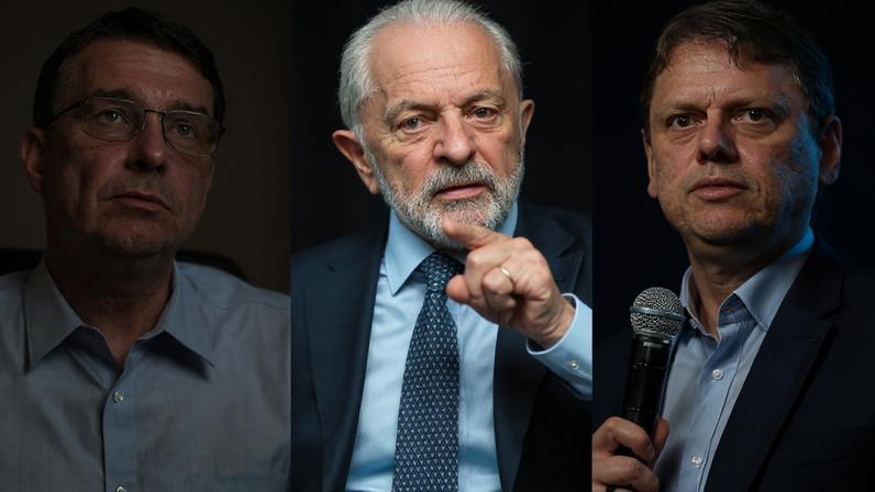 Da esq. para a dir., Flávio Bolsonaro (PL), Lula (PT) e Tarcísio de Freitas