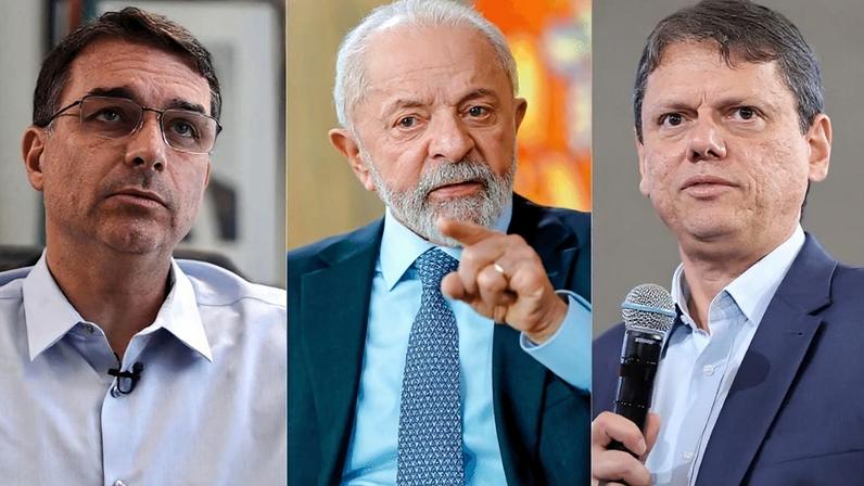 Da esq. para a dir.: senador Flávio Bolsonaro (PL), presidente Lula (PT) e governador de SP, Tarcísio de Freitas (Republicanos)