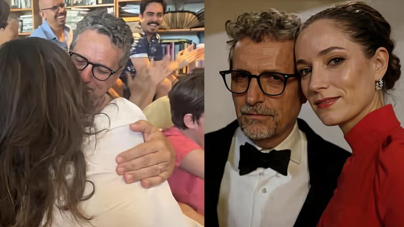 Kleber Mendonça Filho comemorando com sua esposa Emilie Lesclaux — Foto: Reprodução/Instagram