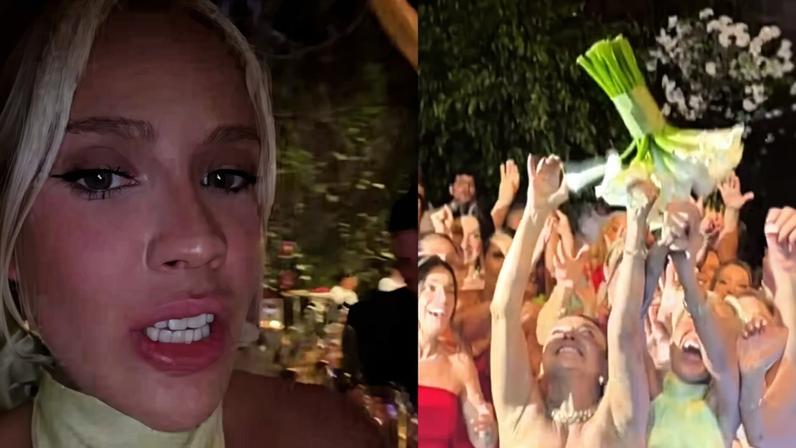 Karoline Lima passa apuros ao tentar pegar buquê durante casamento de Maitê e Léo Ortiz