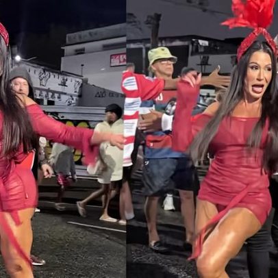 Gracyanne Barbosa, com joelho operado, samba em ensaio da União da Ilha