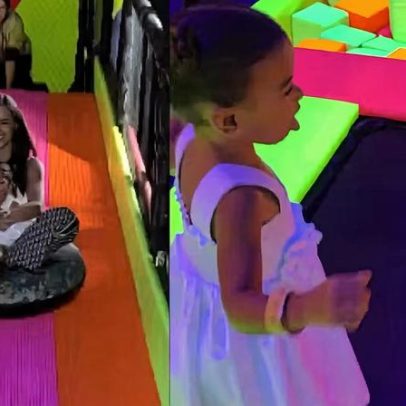 Bruna Biancardi curte dia com as filhas Mavie e Mel em parque de trampolim