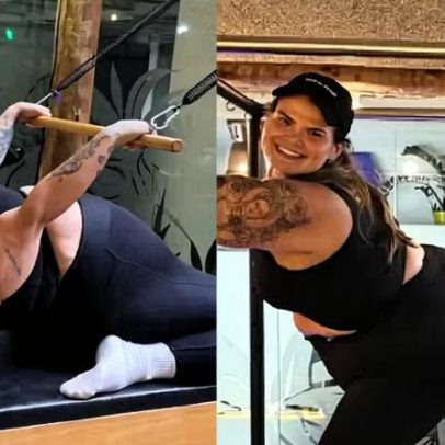 Thais Carla demonstra elasticidade durante aula de pilates