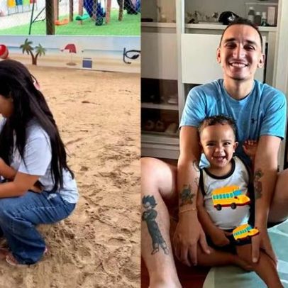 Ary Mirelle e João Gomes levam o filho Jorge ao 1º dia de aula emocionados