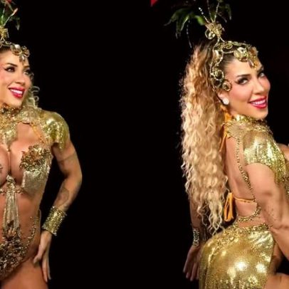 Tati Minerato usa figurino bordado com cristais dourados para ensaio Grande Rio