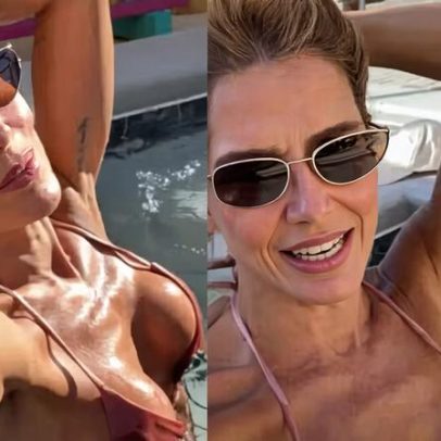Deborah Secco curte piscina e brinca que não quer guerra com ninguém