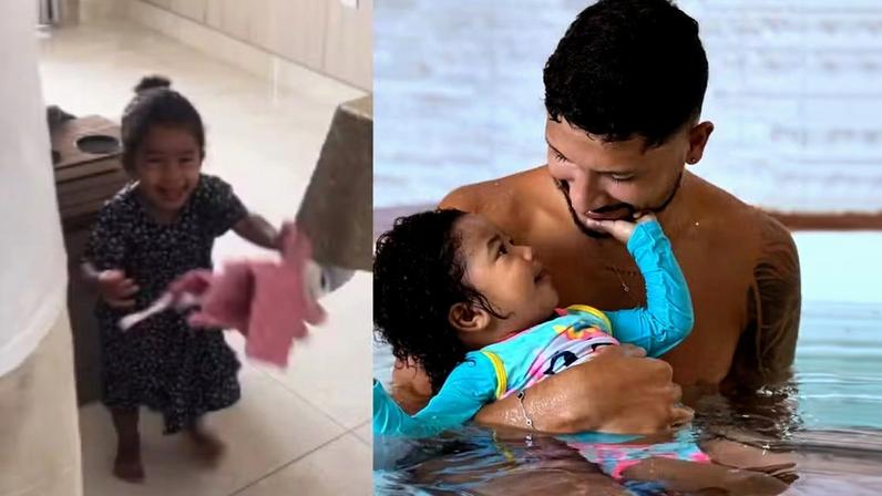Yuri Lima mostra sua filha, Nala, com IZA o recebendo em casa — Foto: Reprodução/Instagram