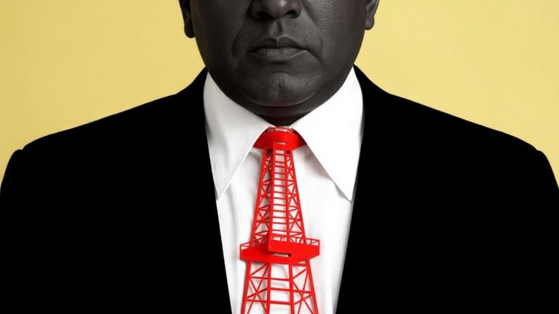 An illustration shows Donald Trump from the nose down with a red oil rig as a tie.