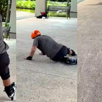 Duda Nagle leva tombo ao voltar a patinar com Zoe na Marquise do Ibirapuera