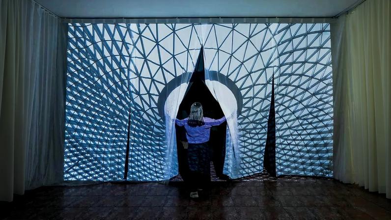Drifting Bodies, a video of the world’s tallest indoor waterfall, at Singapore’s airport, is by the duo field-0, whose work investigates the hidden impacts of infrastructure projects