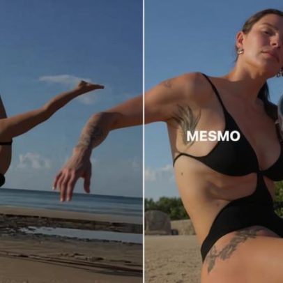 Fernanda Lima faz meditação e acrobacias em praia isolada
