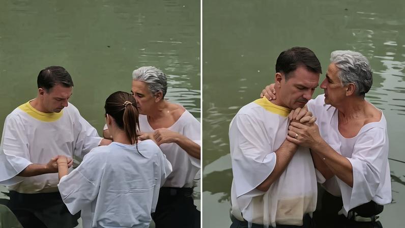 Flávio Bolsonaro e esposa são batizados no Rio Jordão