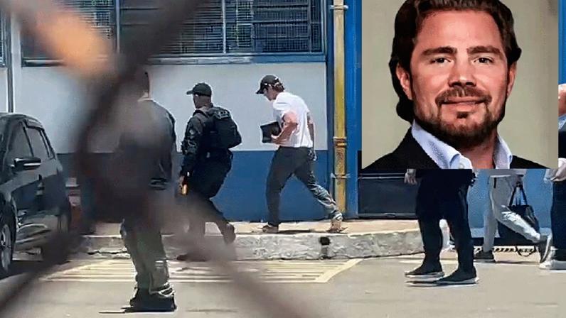 Daniel Vorcaro (no destaque) deixa a prisão usando boné e camiseta branca — Foto: Reprodução/Arquivo pessoal e Bruna Vieira/TV Globo