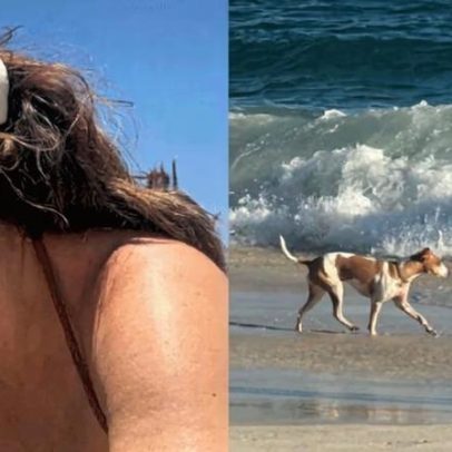 Paolla Oliveira curte praia com seu pet