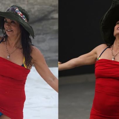 Atriz de Pantanal curte praia no Rio em dia nublado
