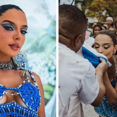 Giovanna Lancellotti brilha com look e make em ensaio de rua da Beija-Flor