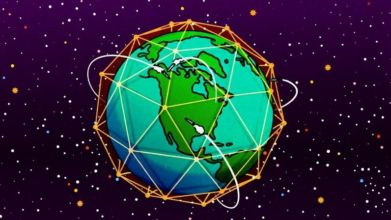 An illustration shows a wireframe protective dome around the earth with a missile acring around it and a missile from the U.S. swooping in to intercept it.
