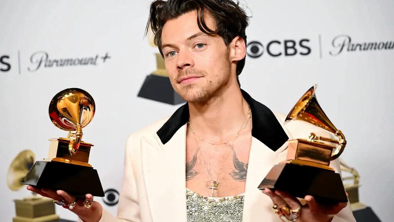 Harry Styles with his Grammys for Best Pop Vocal Album and Album of the Year for 'Harry's House' on Feb. 5, 2023.