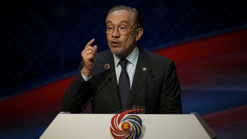 Malaysian Prime Minister Anwar Ibrahim delivers remarks during the closing ceremony of the Association of Southeast Asian Nations summit in Kuala Lumpur, Malaysia, on Oct. 28, 2025.