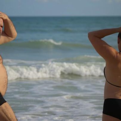 Otávio Muller faz rara aparição na praia com a esposa