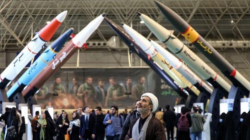 Iranians visit an exhibition showcasing missiles and drones in Tehran on Nov. 12, 2025.