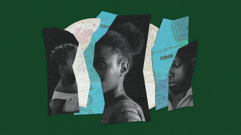 A collage of a Kenyan woman and children, a world map, and Kenyan currency.