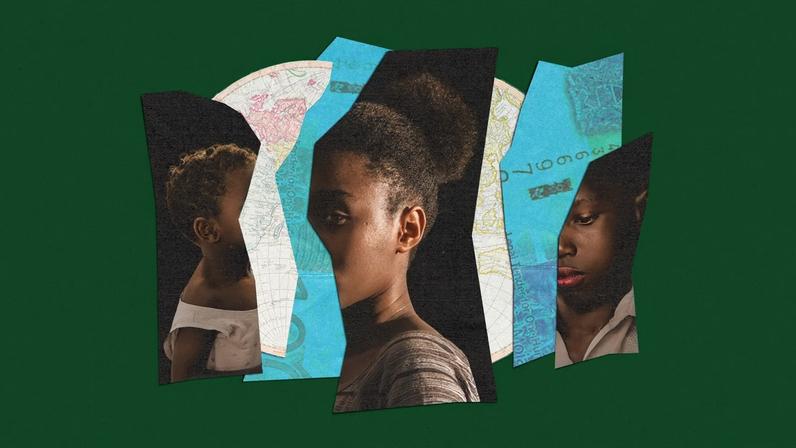A collage of a Kenyan woman and children, a world map, and Kenyan currency.