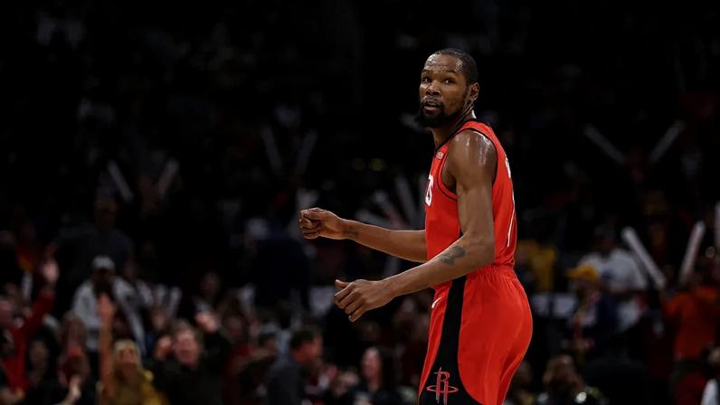 HOUSTON, TEXAS - JANUARY 16: Kevin Durant #7 of the Houston Rockets reacts after making a three pointer during the game against the Minnesota Timberwolves at Toyota Center on January 16, 2026 in Houston, Texas. User expressly acknowledges and agrees that, by downloading and or using this photograph, User is consenting to the terms and conditions of the Getty Images License Agreement. Kenneth Richmond/Getty Images/AFP