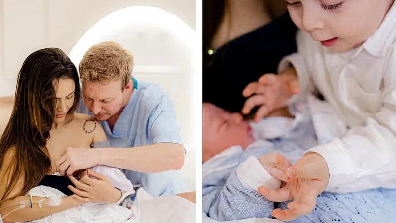 Gabi Luthai e Teo Teló com o caçula, Matteo; primogênito, Pietro, conhece o irmão